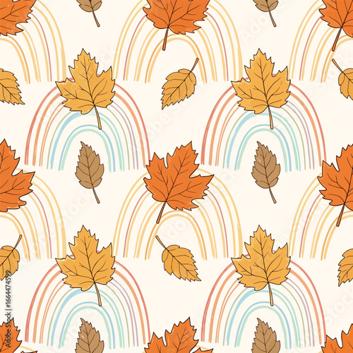 Seamless Pattern, Autumn leaves and colorful rainbows create a whimsical seamless pattern design Stock royalty free