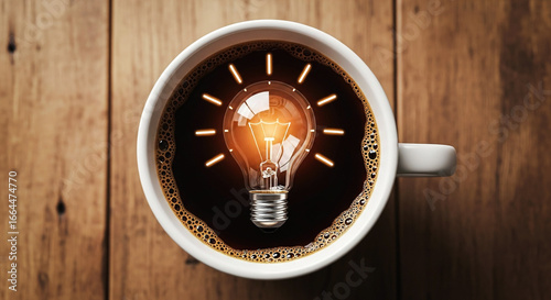 Bright idea coffee cup glowing lightbulb over dark brew on rustic wooden table represents innovation and creative energy