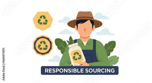 An illustration features a farmer championing responsible sourcing and sustainable practices, holding a jar with a recycling symbol, for eco-friendly production.
