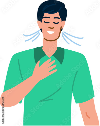 Young man holding chest and breathing deeply
