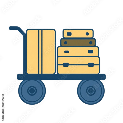 Simplified cartoon style illustration of a luggage cart with a stack of suitcases and bags, symbolizing travel, transportation, and vacation, isolated on a white background.