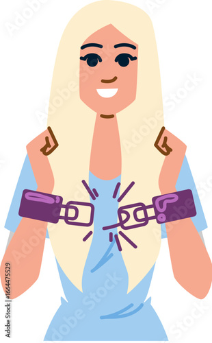 Woman breaking free from handcuffs, empowering freedom and liberation