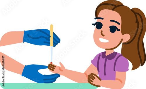 Doctor performing finger prick test on smiling girl for blood sample collection