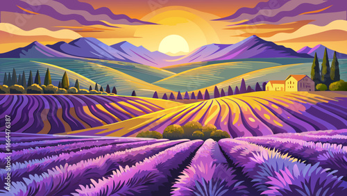 Lavender fields bloom endlessly in Provence, France, rolling purple waves beneath golden sunlight, fragrance fills the horizon, timeless beauty unfolds, serene landscape radiating peace, harmony of co