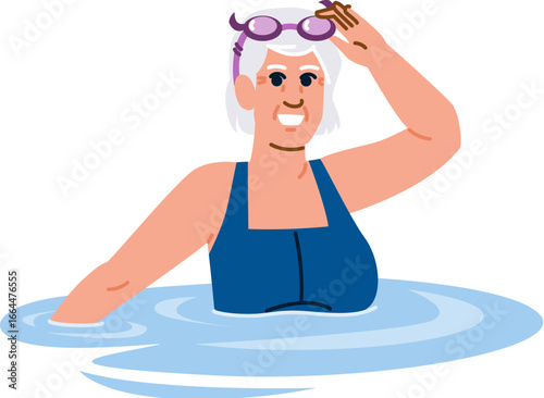 Senior woman enjoying swimming pool activity, adjusting goggles