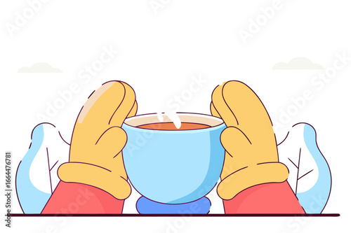 Cozy Winter Scene: Gloved Hands Holding a Warm Beverage Cup Outdoors