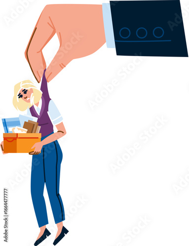Giant hand holding employee by back of shirt