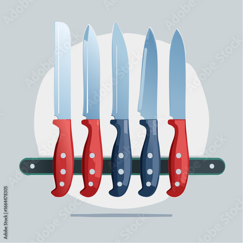 Variety Of Knives Hanging On A Magnetic Strip