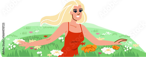 Happy blond woman lying in green meadow with wildflowers enjoying spring