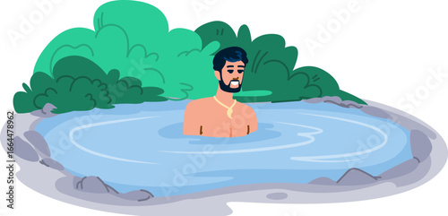 Bearded man relaxing in natural hot spring surrounded by lush vegetation
