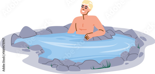 Blond man relaxing in hot spring, enjoying geothermal spa treatment