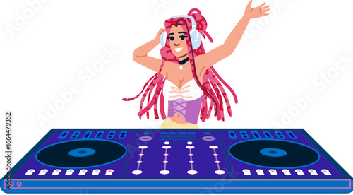 Female dj playing music on mixer console wearing headphones