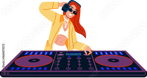 Female dj playing music at electronic mixer console