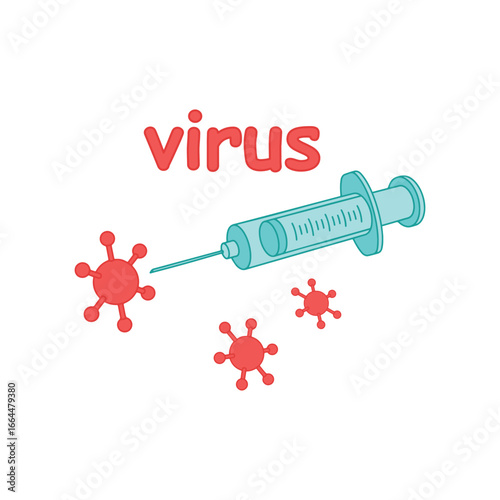 Fotografía Syringe and viruses with text on a white background
