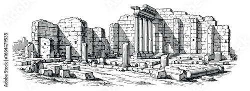Illustration of the ruins of an ancient stone structure with pillars in sketch style art, vector.