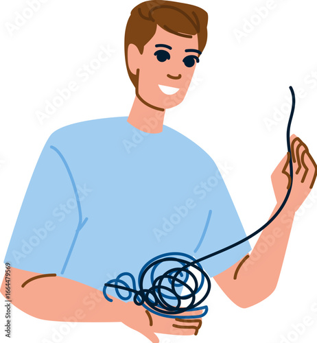 Man untangling tangle of wire, solving problem and finding solution