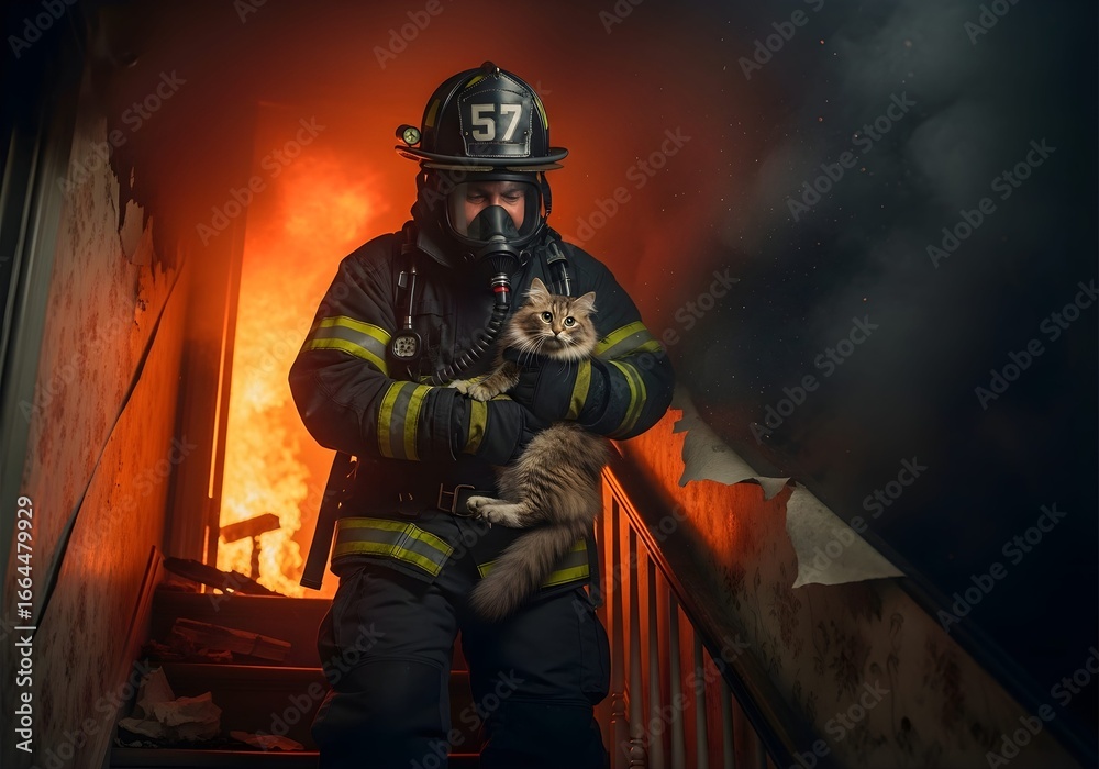 Fototapeta premium A firefighter saving a small pet, showing compassion and humanity in dangerous situations.