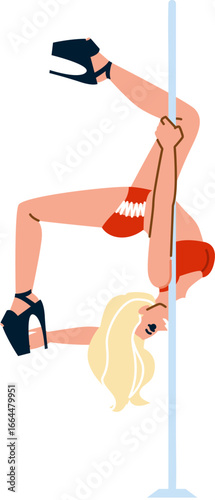 Pole dancer performing upside down holding the pole