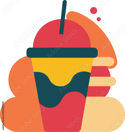Burger and drink with straw in colorful vector art on white background
