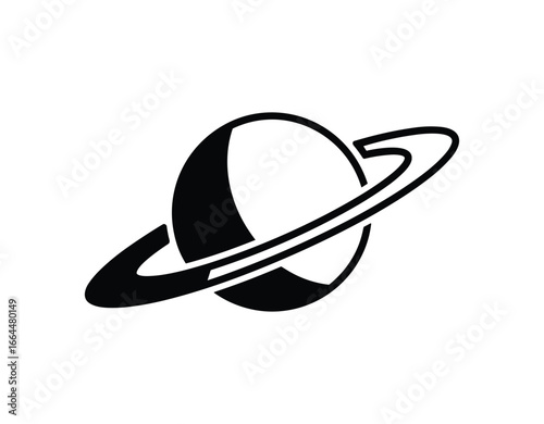 Minimalist graphic of planet Saturn with rings. Black and white space exploration design Vector Illustration.