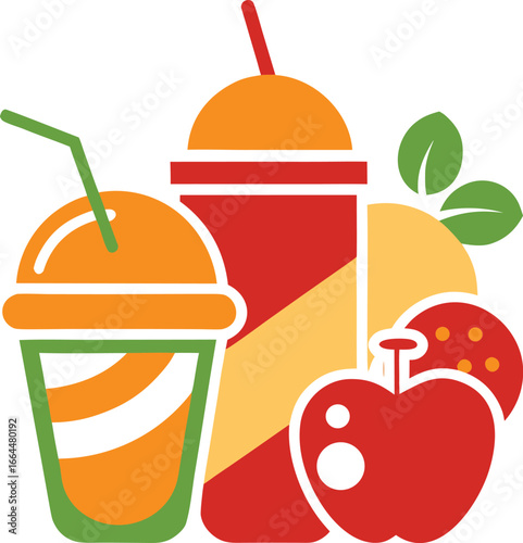 Fruit smoothies and juices vector illustration with strawberry and apple on white