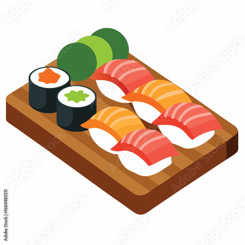Sushi platter with nigiri, maki, and vegetables on a wooden board, vector illustration