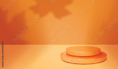 Autumn sale podium with falling leaves shadows Fall sale advertising banner. Orange empty stage Thanksgiving or seasonal marketing Vector scene illustration background.