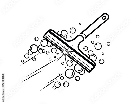 A black and white vector illustration of a squeegee cleaning with water droplets and streak marks.