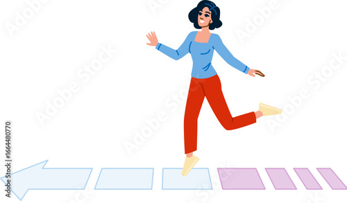 Young woman walking on a path following the direction of an arrow