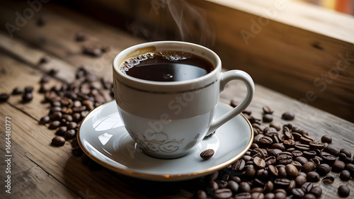 Close-Up of Steaming Coffee Cup with Saucer and Roasted Coffee Beans