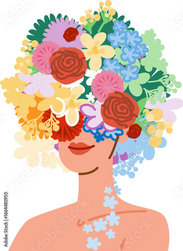 Woman with colorful flowers covering her head and shoulders
