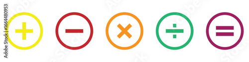 Vector plus and minus icons set. Plus icon, Minus icon, Multiply icon, Divide icon on isolated white background.  Vector isolated icons. Eps symbol pack. isolated vector icons pack.  EPS 10.