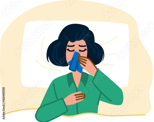 Sick woman blowing nose in bed suffering from cold or flu