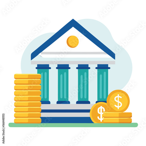 A bank building icon with coins stacked in front, a powerful and clear symbol for finance, savings, and wealth.