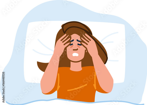 Stressed woman suffering from insomnia lying in bed covering eyes with hands