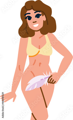 Woman gently touching skin with feather, body positivity and self acceptance concept