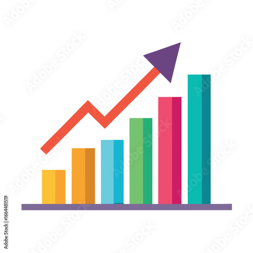 An ascending bar chart with colorful bars and a shiny arrow, a clear and modern icon for financial growth and business.