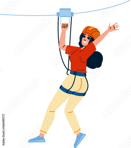 Woman sliding on zip line having fun in adventure park