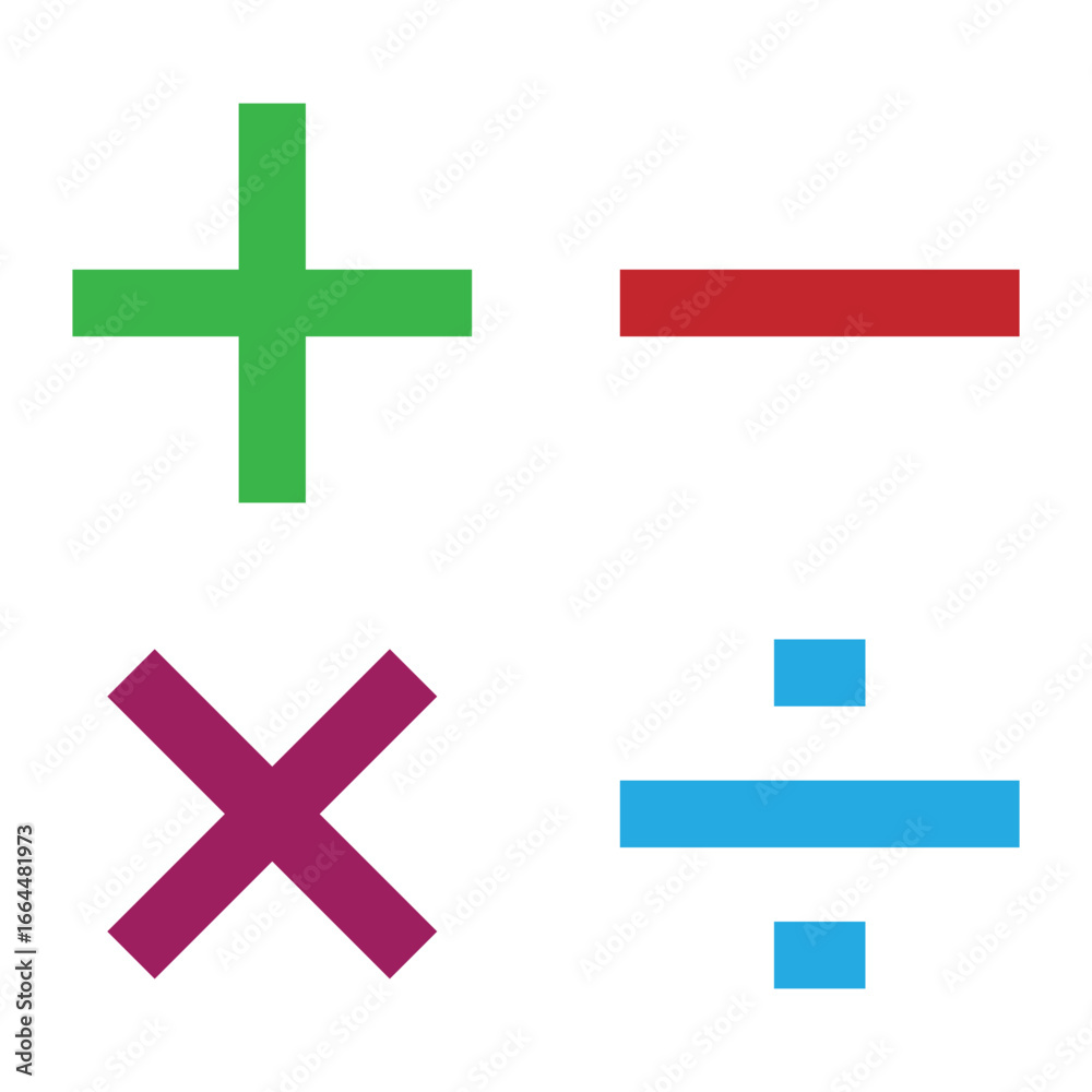 Obraz premium Vector plus and minus icons set. Plus icon, Minus icon, Multiply icon, Divide icon on isolated white background. Vector isolated icons. Set of 5 icons. Eps symbol pack. isolated vector icons pack. 