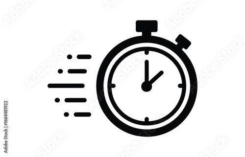 WebVector art of a black and white icon of a stopwatch with motion lines indicating speed, , representing time, urgency, deadlines, and the concept of measuring or tracking time efficiently