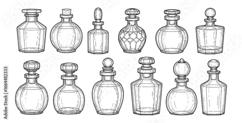Elegant hand drawn set of perfume bottles in different shapes. Isolated vector illustration for design use.