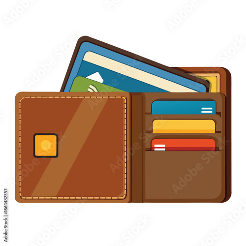 A brown leather wallet open with credit cards, a simple and clean icon for money, finance, and banking.