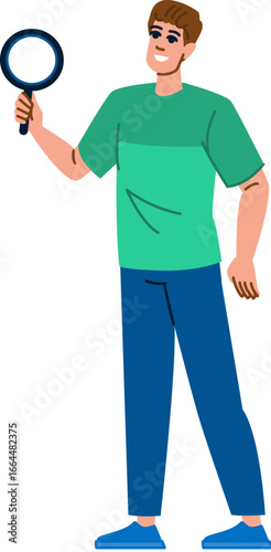 Young man holding magnifying glass searching or exploring something new