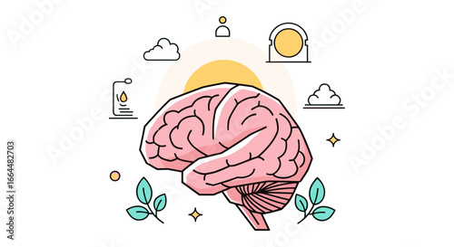 A clean vector illustration showcasing a human brain, beautifully surrounded by abstract symbols representing mental health, innovative ideas, and overall well-being.