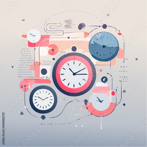 Conceptual futuristic artwork of a clock face surrounded by abstract technological infographics and data visualization