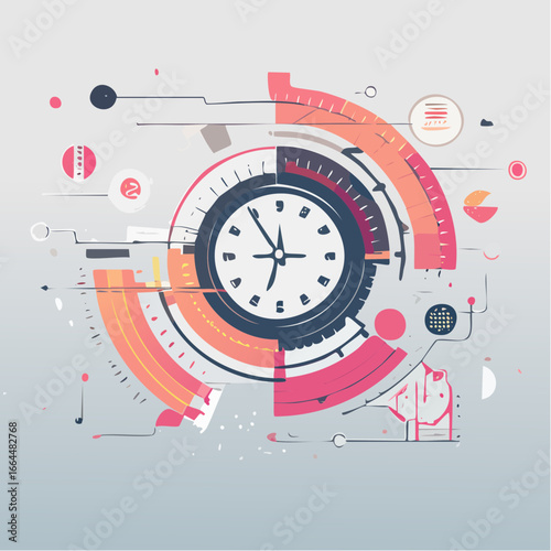 Futuristic Abstract Clockwork with Geometric Shapes and Futuristic Elements on a Gray Background