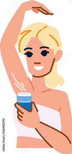 Smiling woman applying deodorant stick on armpit after shower