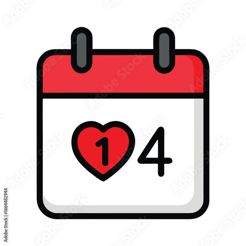 A calendar icon with February 14 marked with a red heart, a simple and classic symbol for valentines day and love.