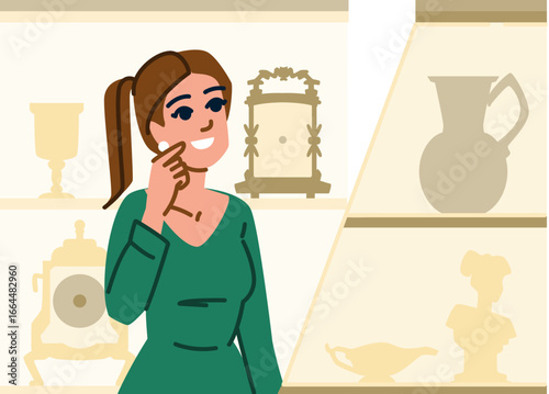 Woman choosing pearl earrings in jewelry store or museum