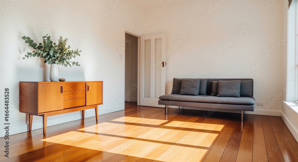 Fototapeta premium Bright empty living room with white walls, warm wooden floors, mid century console table and sofa